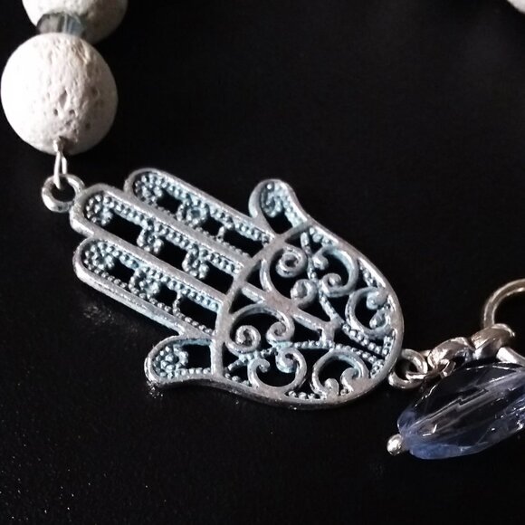 White Lava Bead Bracelet | Hamsa Hand & Buddha Charms | Blessings & Protection - Picture 8 of 10